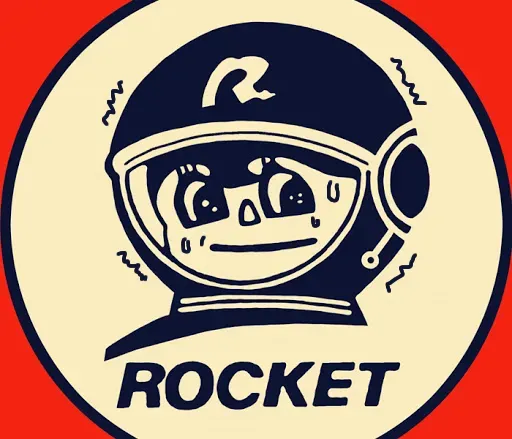 로켓 로고와 'ROCKET' 텍스트가 있는 AI 두뇌 일러스트