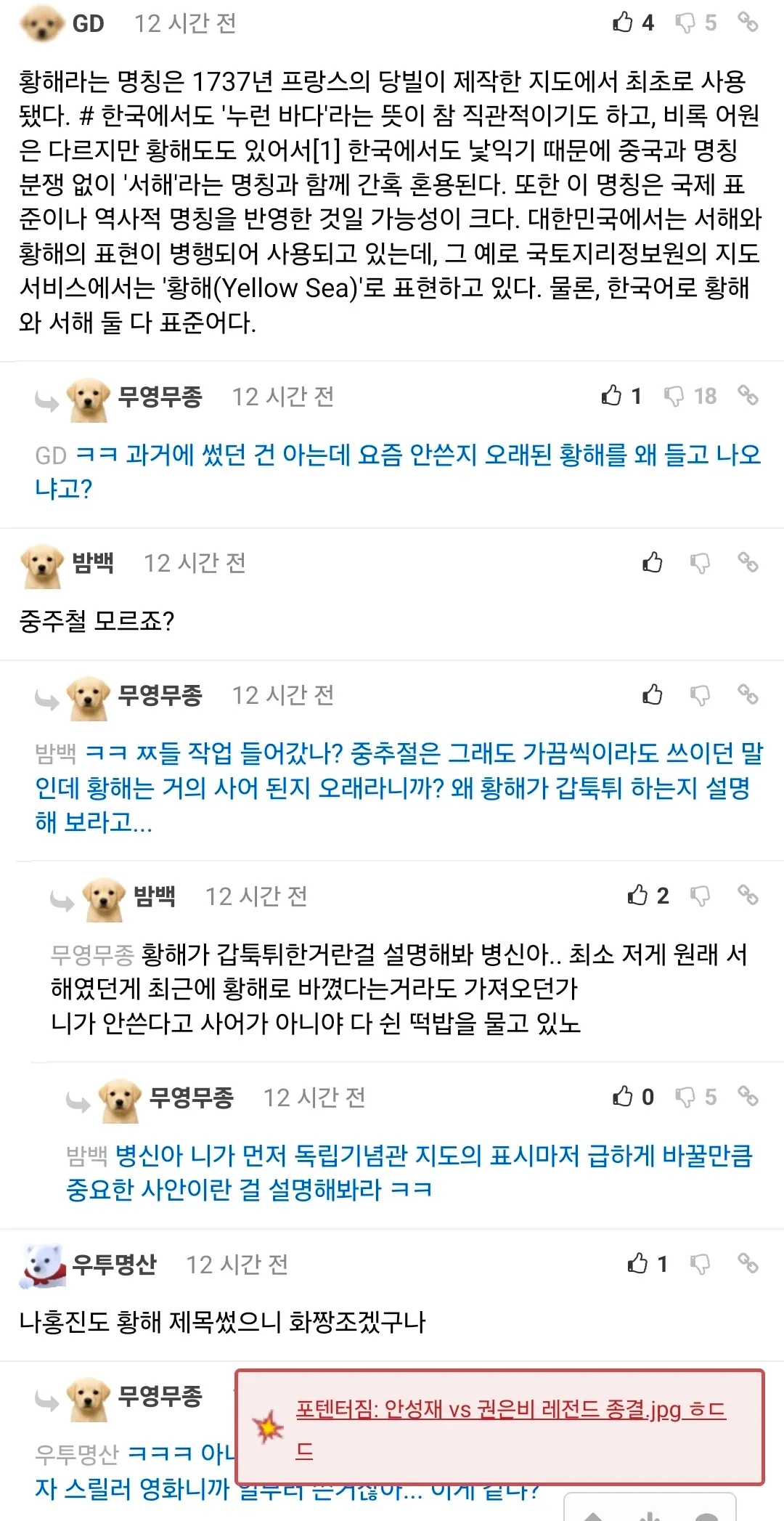 황해 명칭 유래와 서해 혼용에 관한 나무위키 문서 및 커뮤니티 댓글 캡처