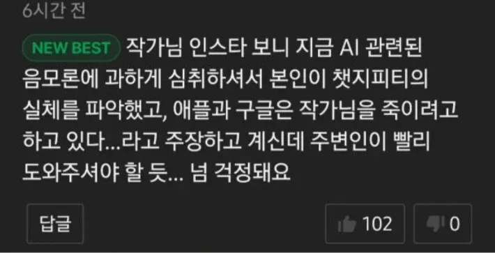 AI 음모론에 빠진 작가를 걱정하는 댓글 캡처