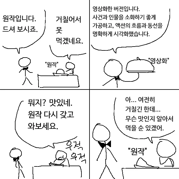 음식 비유로 원작의 거친 맛을 영상화가 먹기 좋게 가공해주는 과정을 설명하는 만화
