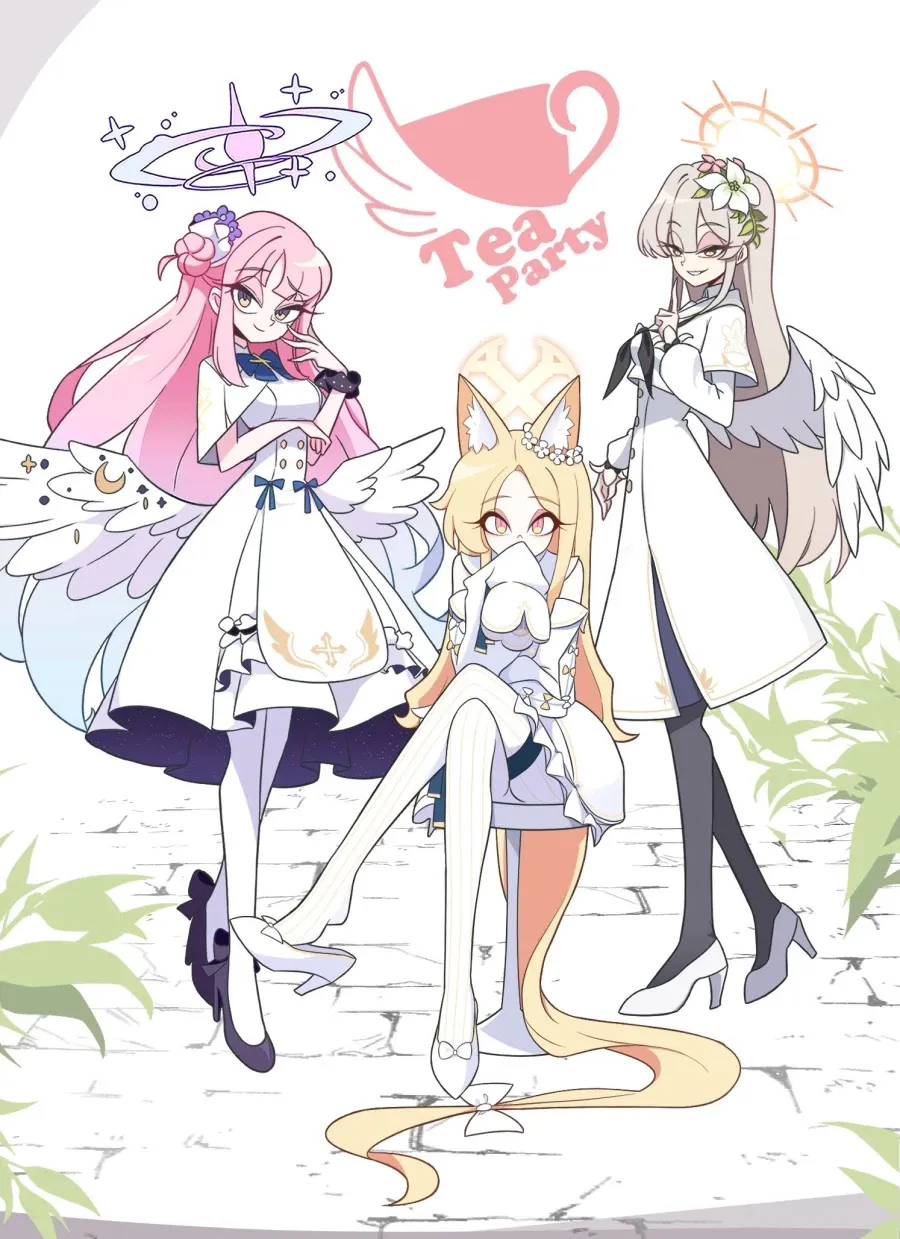 "Tea Party" 텍스트가 있는 카툰 스타일 일러스트레이션