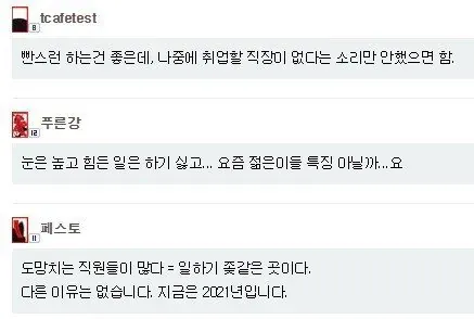 신입 퇴사 관련 온라인 커뮤니티 댓글 캡처, 세대 간 의견 충돌 내용