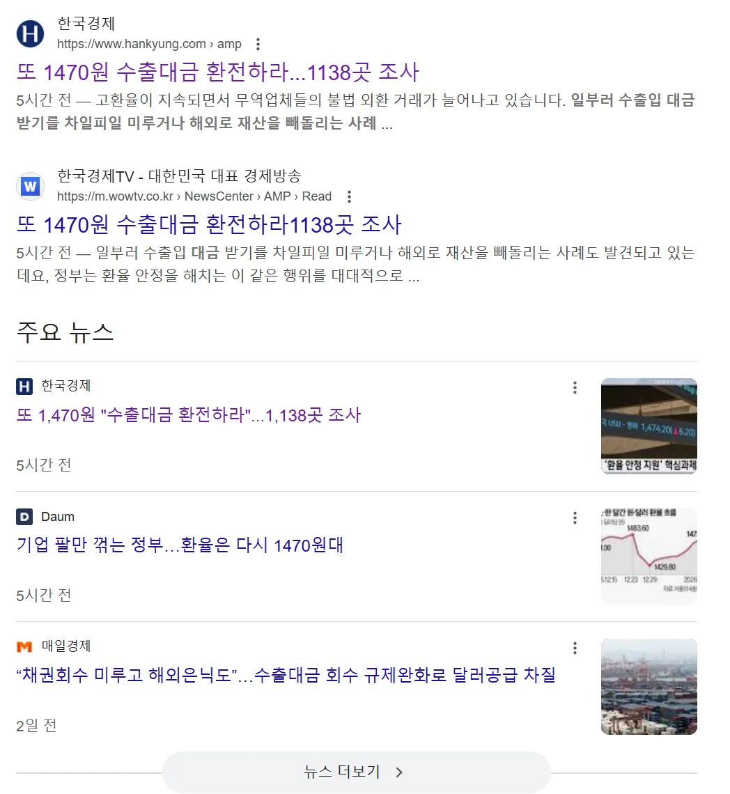 고환율 지속에 따른 무역업체 불법 외환거래 단속 및 수출대금 환전 조사 관련 뉴스 헤드라인