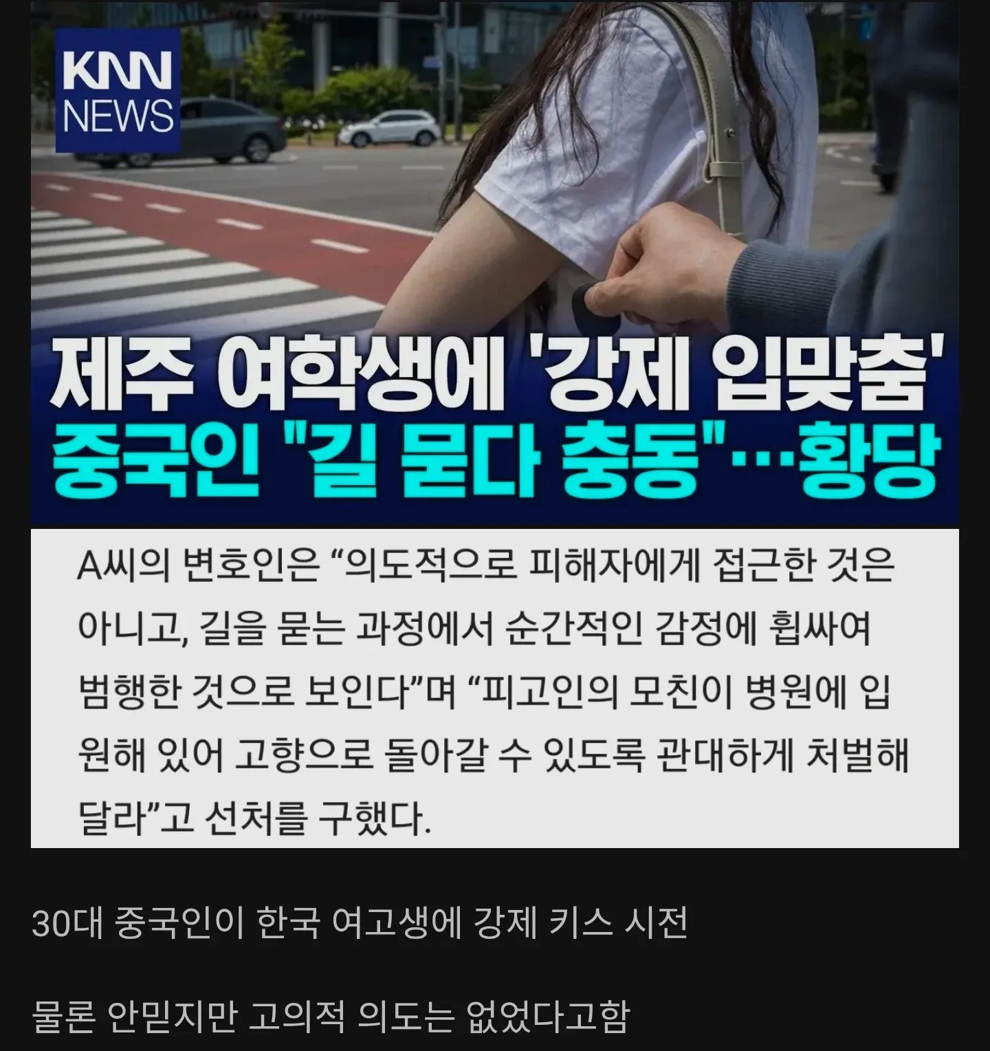 30대 중국인 남성 여고생 강제키스 사건 뉴스 기사 캡처