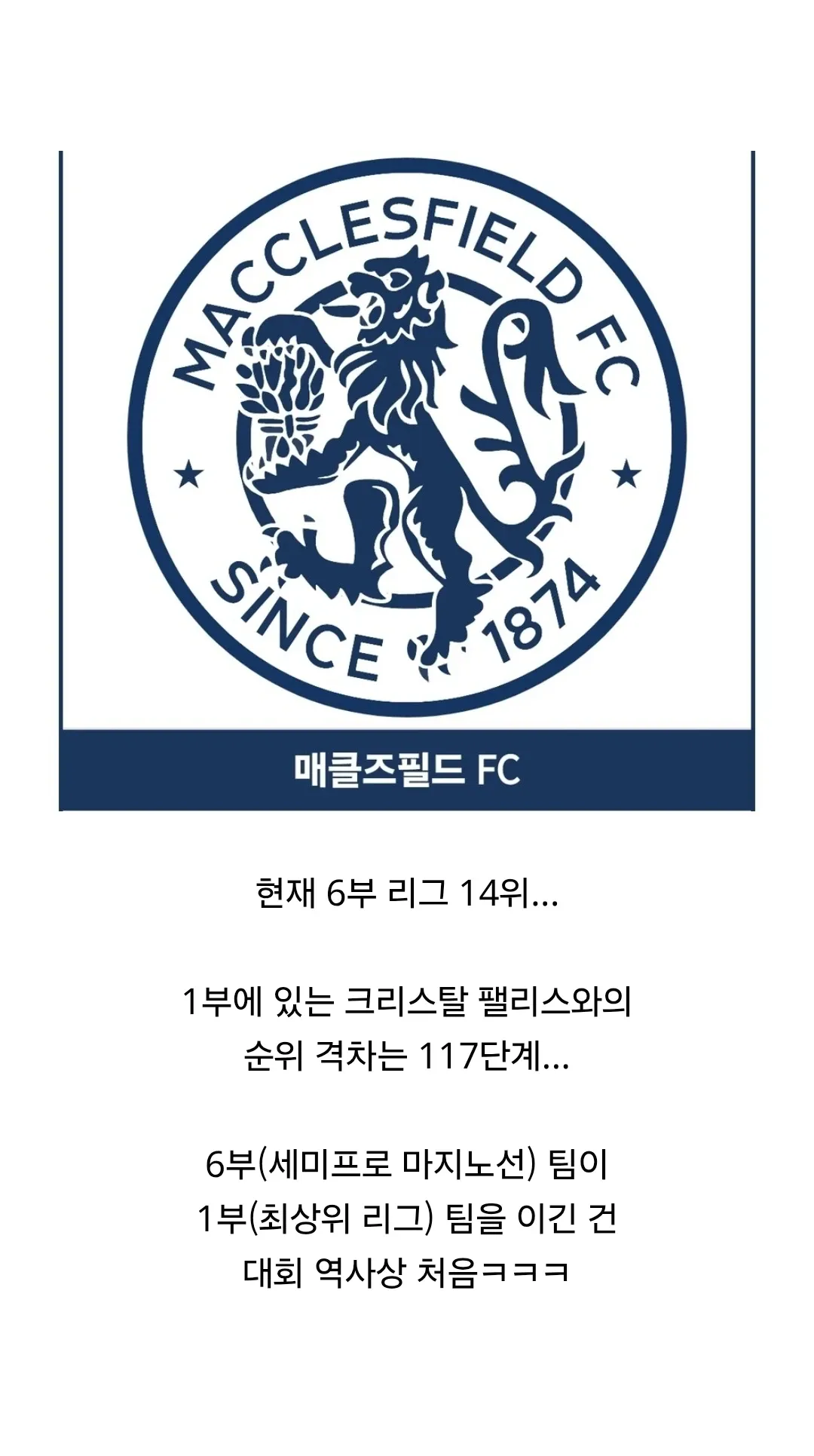 매클즈필드 FC가 크리스탈 팰리스를 이긴 역대급 이변을 설명하는 텍스트