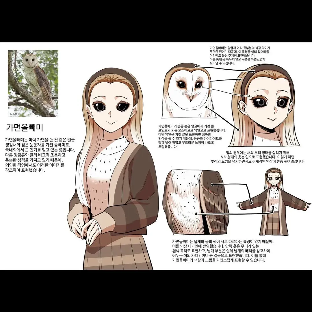 가면올빼미의 외형 특징과 의인화 캐릭터 디자인 요소를 설명하는 텍스트