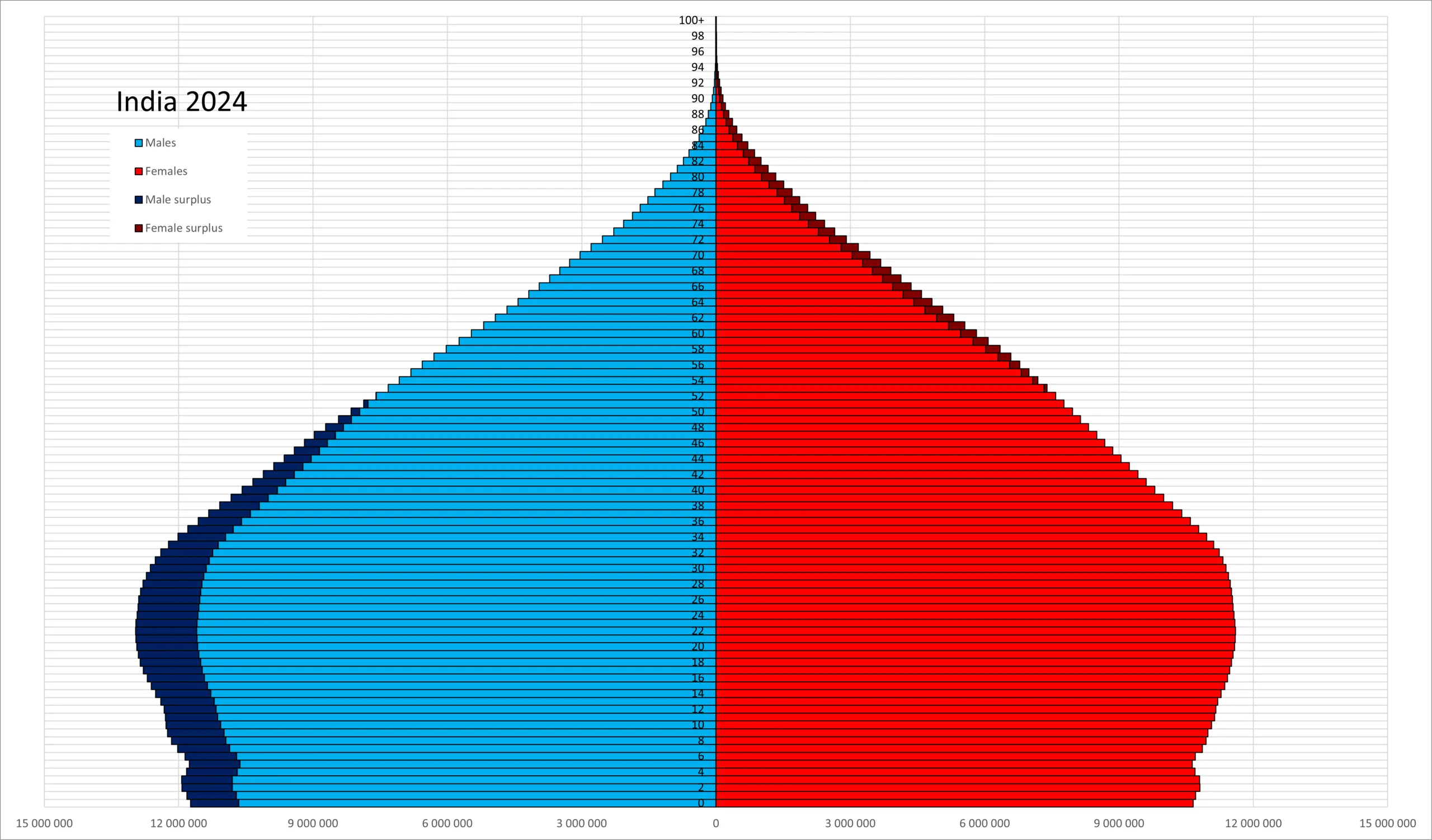 2024년 인도 인구 피라미드, 남성 초과 현상이 두드러진 연령별 성비 분포 차트