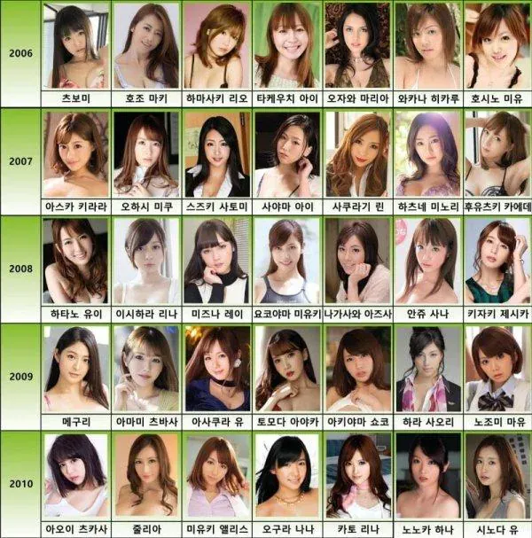 데뷔 연도별 대표 AV 배우 이름이 정리된 표