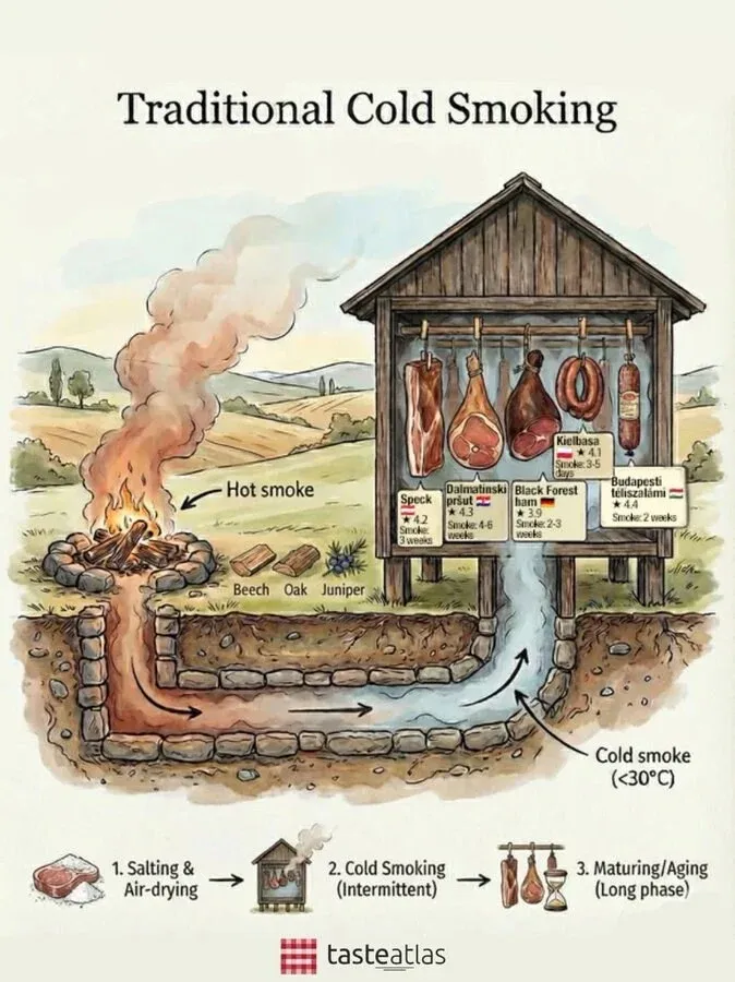 전통 냉훈 육류 제품별 훈연 기간과 냉훈 공정 3단계 인포그래픽
