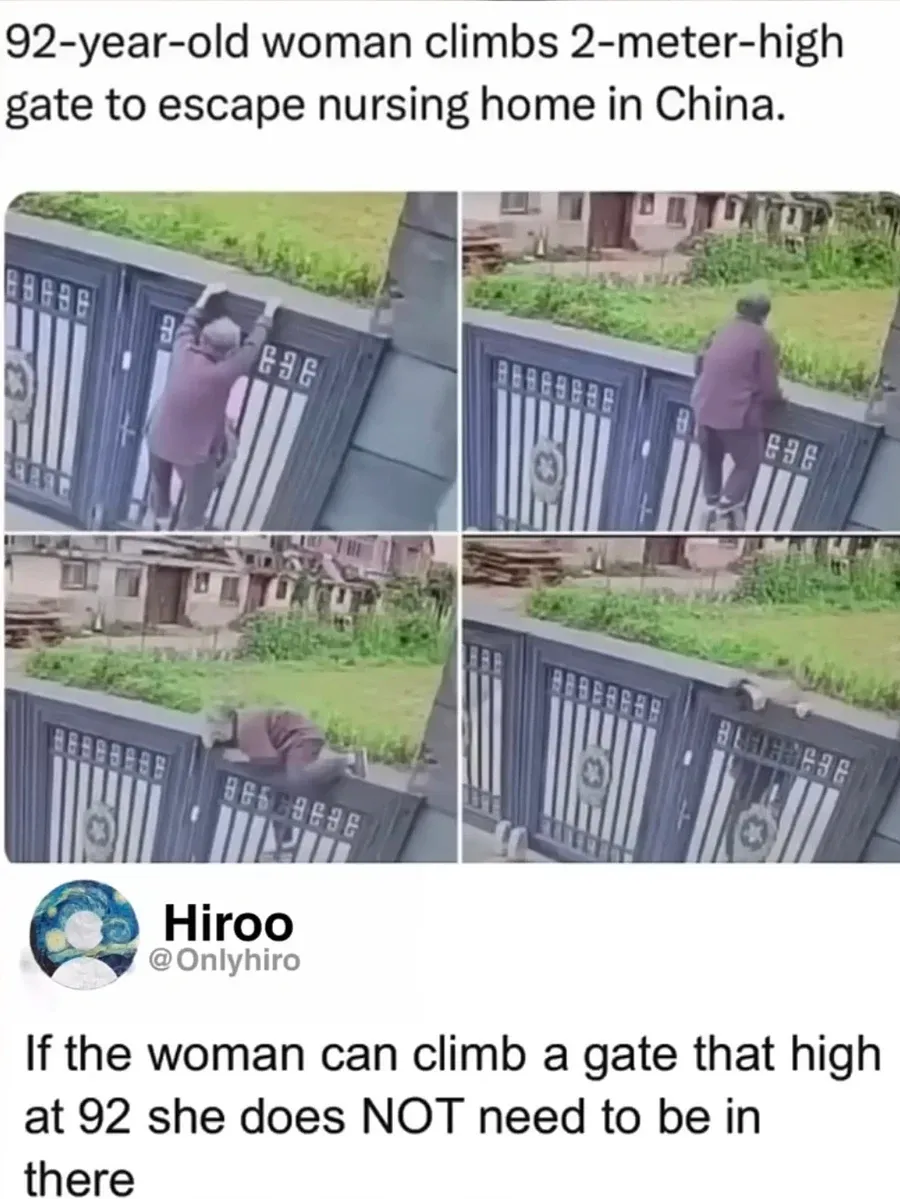 92세 여성이 요양원 2m 높이 철문을 기어오르며 탈출하는 장면