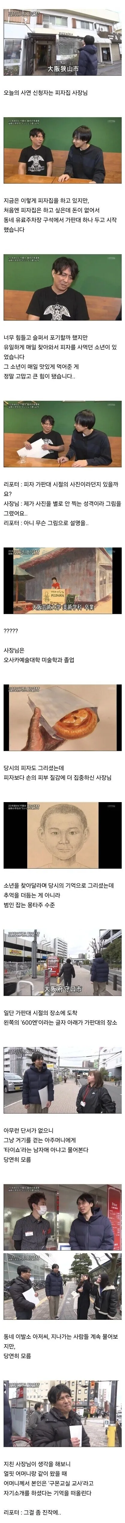 오사카 예술대 출신 피자집 사장이 가판대 시절 단골 소년을 찾는 TV 프로그램 자막 화면