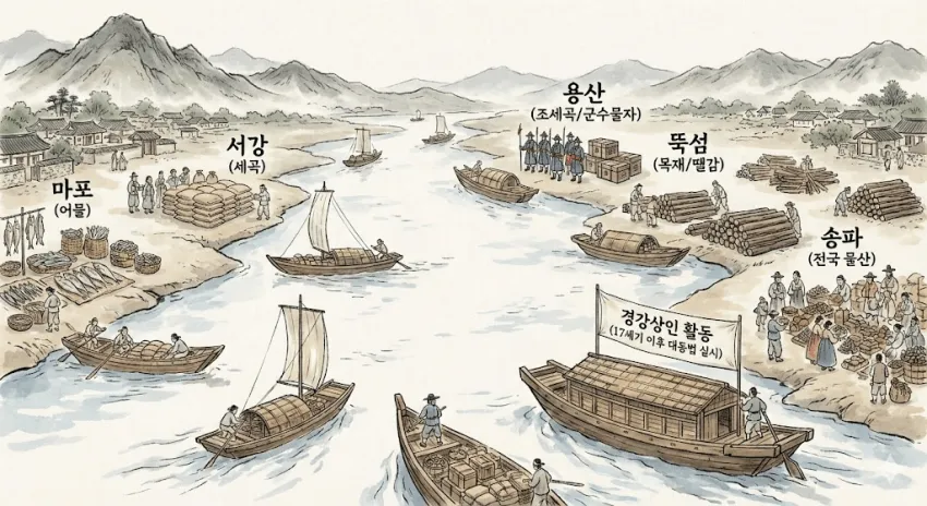 조선시대 경강상인의 한강 포구별 주요 취급 물품을 나타낸 도표