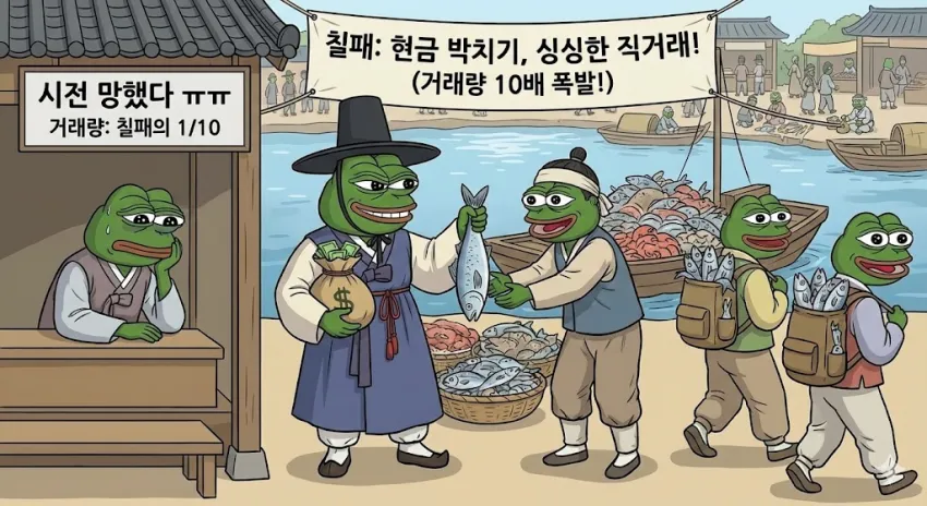 칠패시장과 어물전의 거래량 차이를 비교한 만화 일러스트