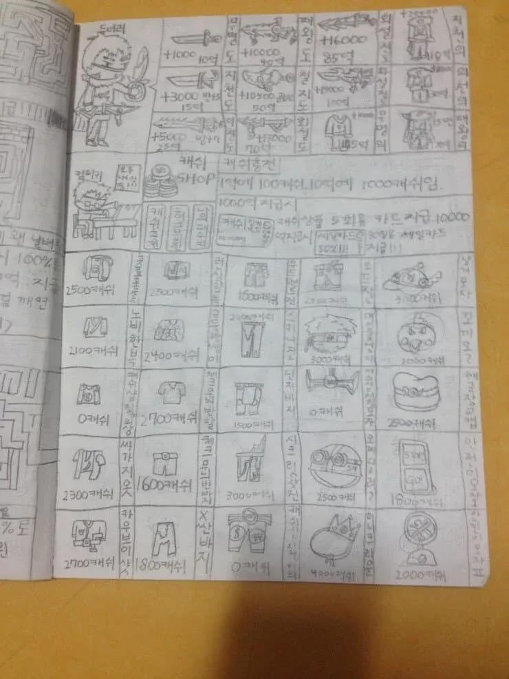 모바일 게임 캐쉬 상점 화면, 다양한 캐쉬 금액 옵션과 충전 정보 표시