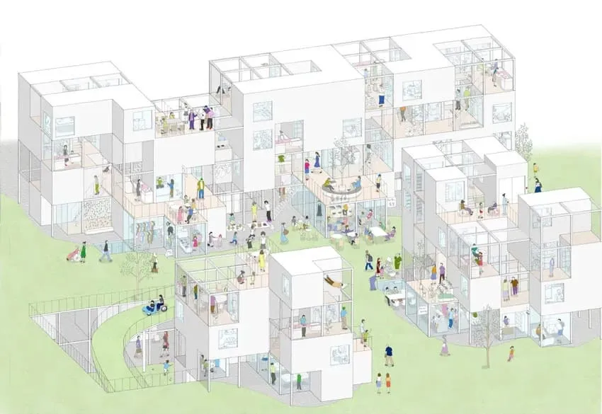 고급 아파트 복도에서 투명 유리 현관문 너머로 보이는 대형 강아지