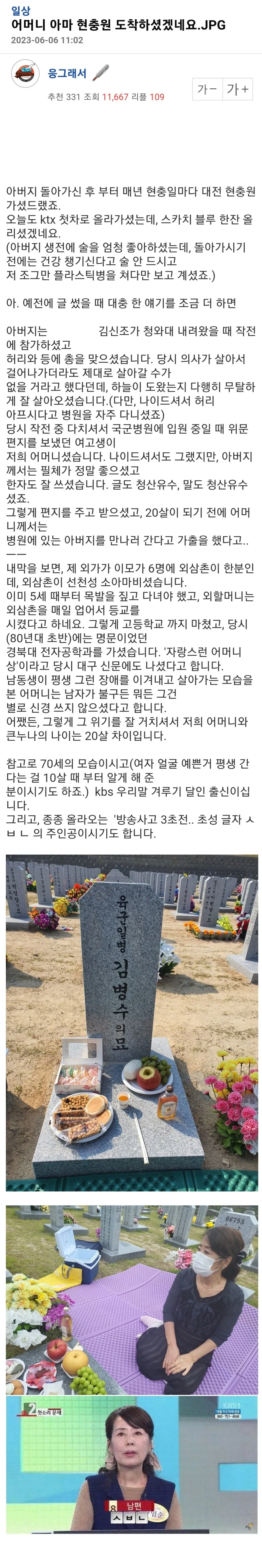 현충일에 아버지 묘소 참배하는 어머니 이야기를 담은 커뮤니티 게시글