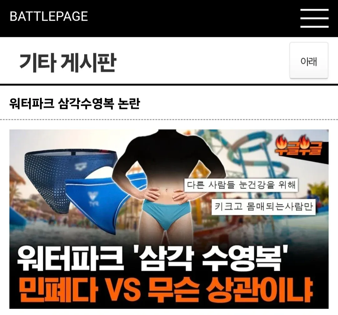 워터파크 삼각수영복 착용 논란에 대한 찬반 의견을 보여주는 온라인 게시판 캡처