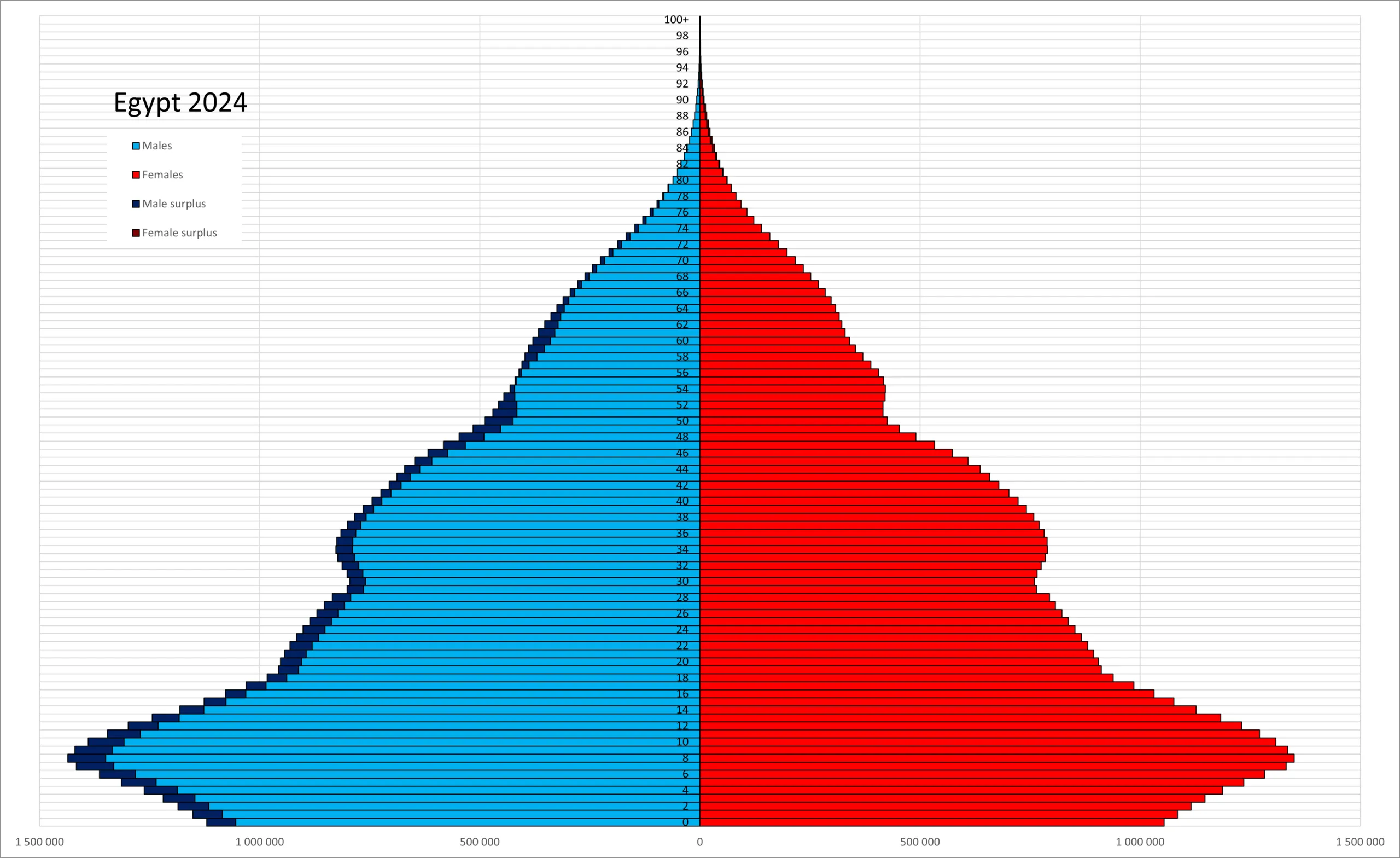 2024년 이집트 인구 피라미드, 젊은 층이 두꺼운 전형적 피라미드형 구조