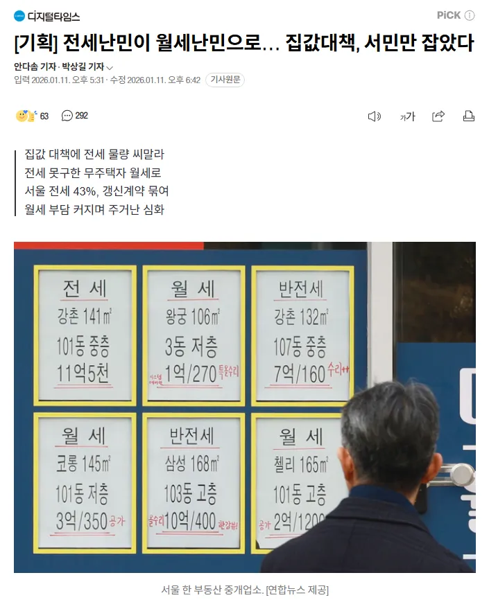 서울 부동산 중개업소 매물 게시판에 전세와 월세 시세가 적힌 모습