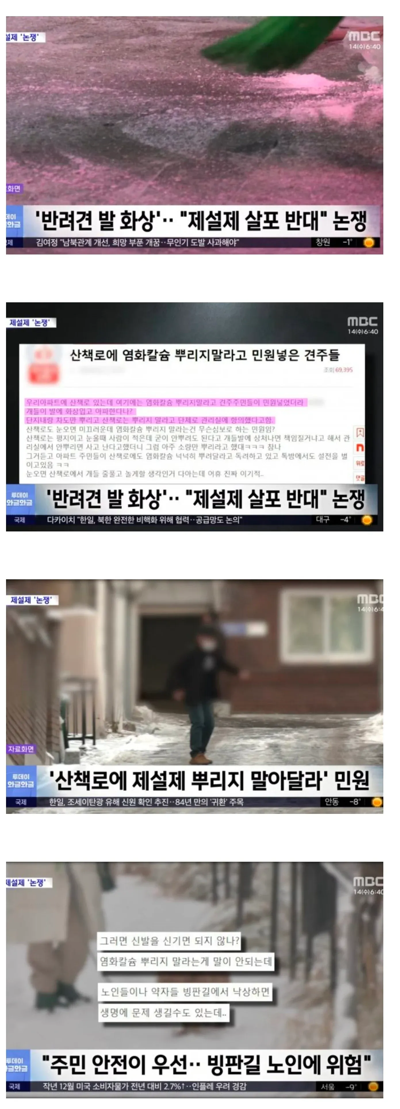 반려견 발 화상 우려로 산책로 제설제 살포 반대 민원 논쟁을 다룬 뉴스 게시글 캡처