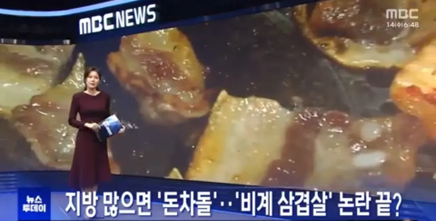 비계 많은 삼겹살을 '돈차돌'로 명명하는 새 구분법 안내 뉴스 화면