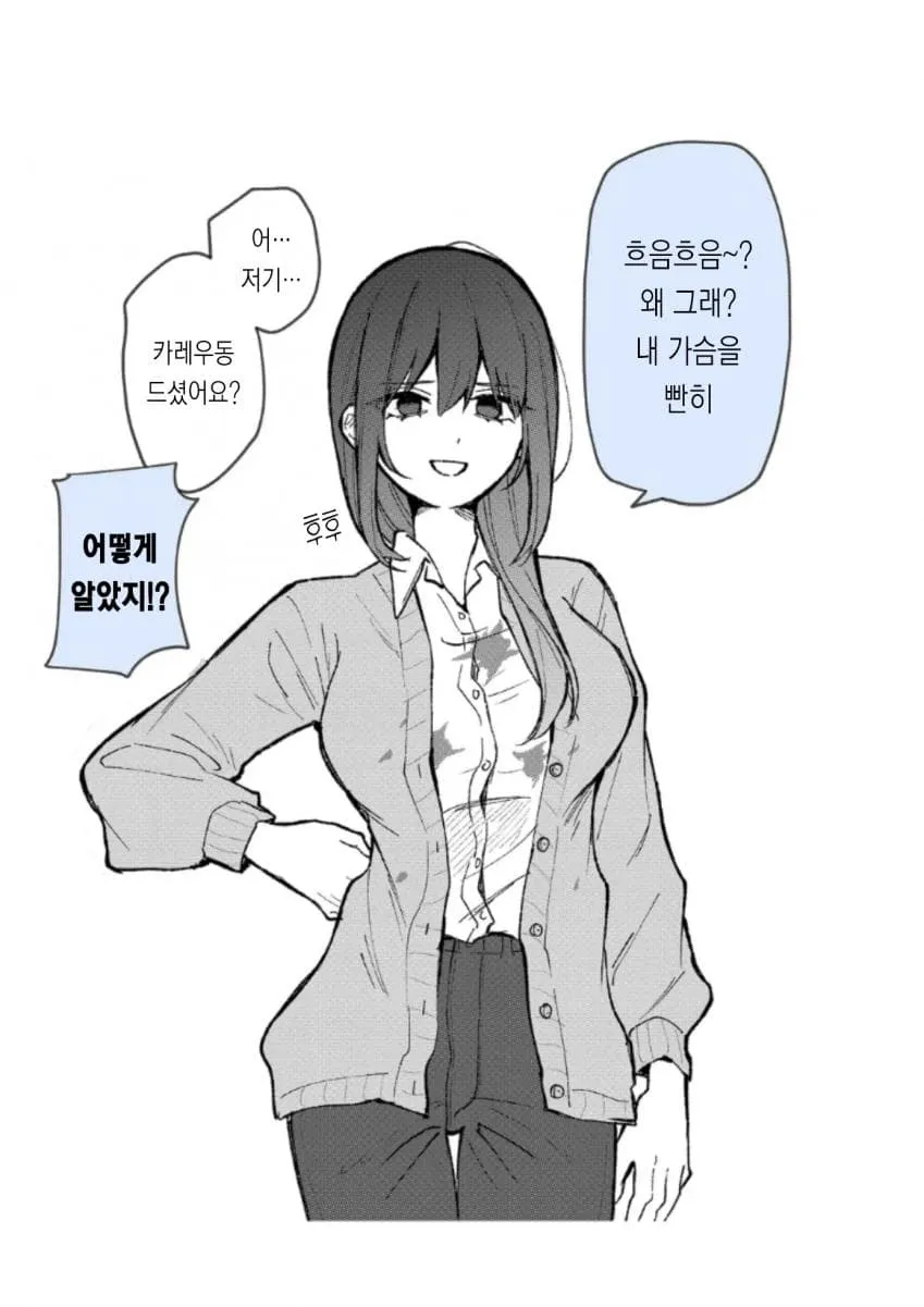 카레우동 먹은 걸 알아맞히며 웃는 누나와 당황하는 남자의 4컷 만화