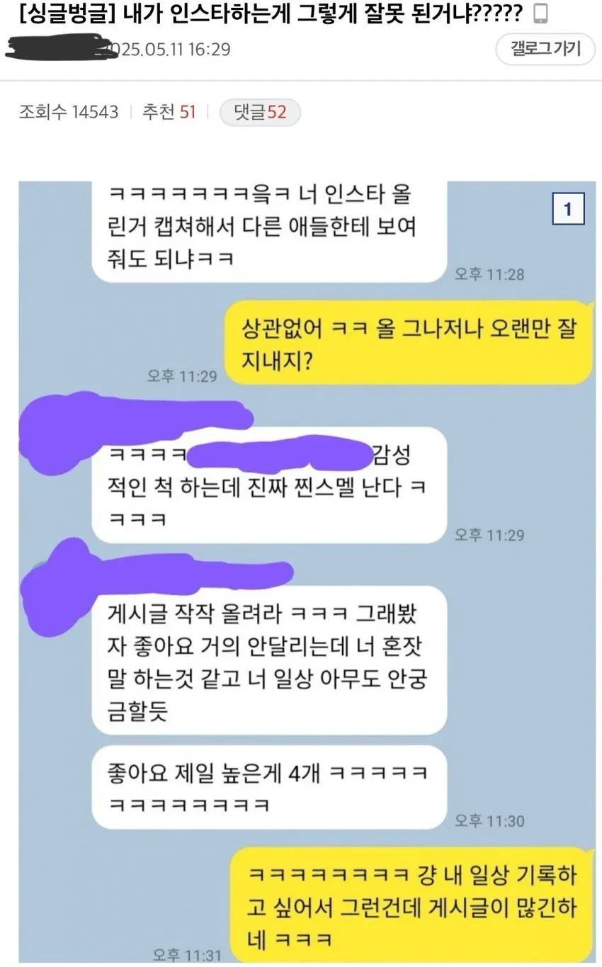 인스타그램 게시물이 적다고 비난하는 메시지에 "내 일상 기록용"이라 답하는 대화 캡처