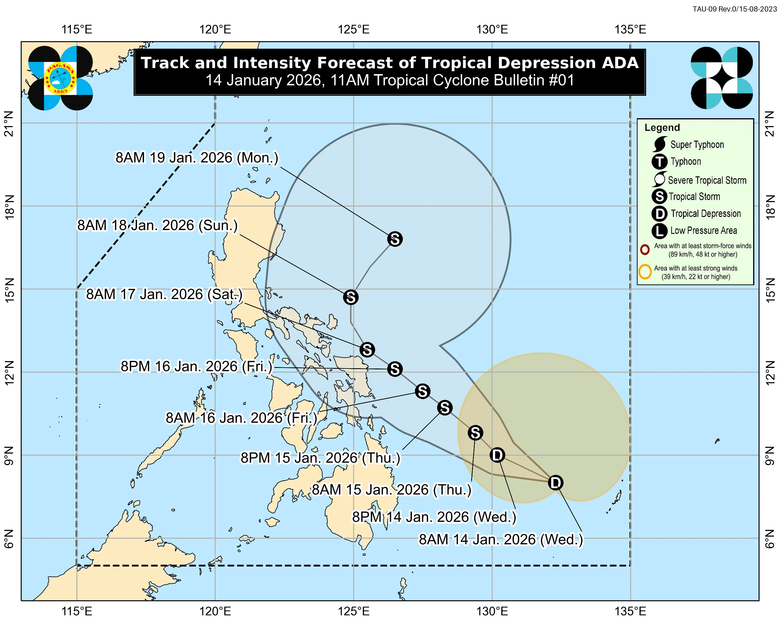 열대저기압 아다의 1월 14-19일 예상 이동 경로 및 강도 예보 지도