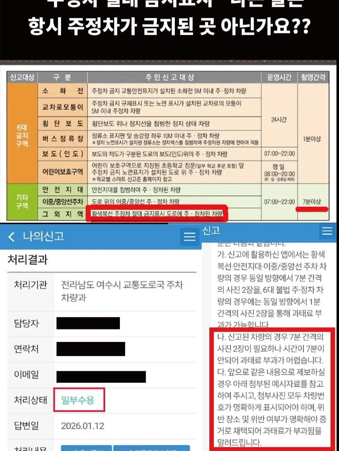 여수시 불법주정차 주민신고 대상 구역 및 운영시간 안내표