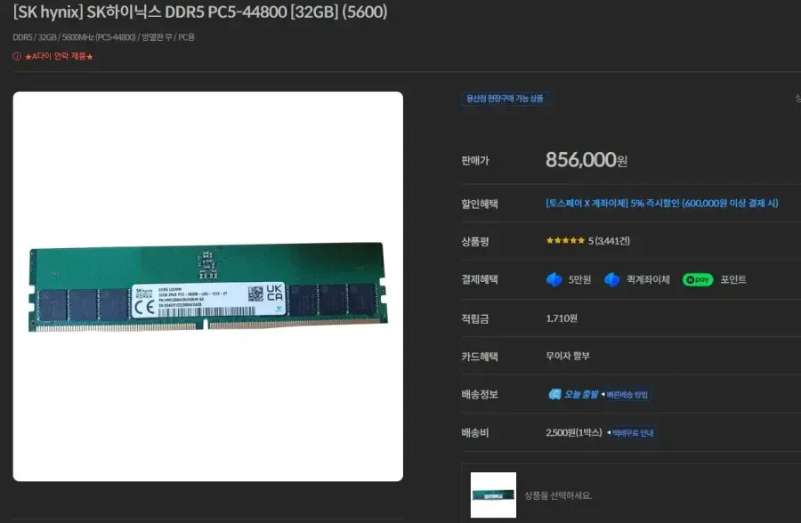 SK하이닉스 DDR5 32GB 램 상품 페이지, 가격 856,000원