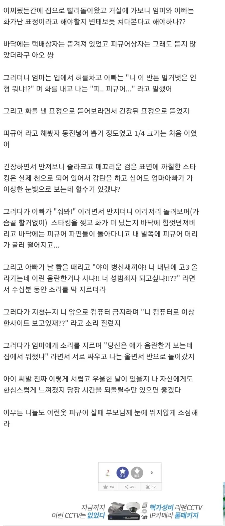 택배로 받은 피규어를 부모님이 발견해 아버지가 부수고 아들 뺨을 때리는 상황을 묘사한 텍스트 게시글