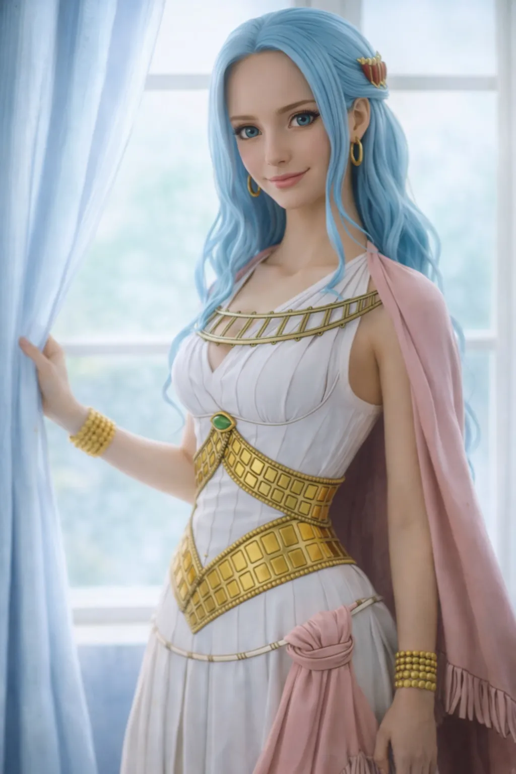 원피스 캐릭터 비비의 실사화 이미지, 파란 머리의 여성 캐릭터