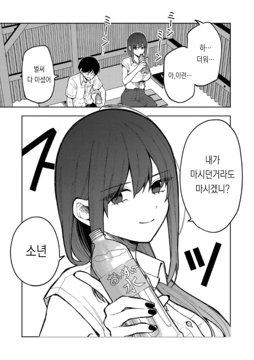 더위에 지친 소년에게 자신이 마시던 음료를 건네는 누나의 만화 컷