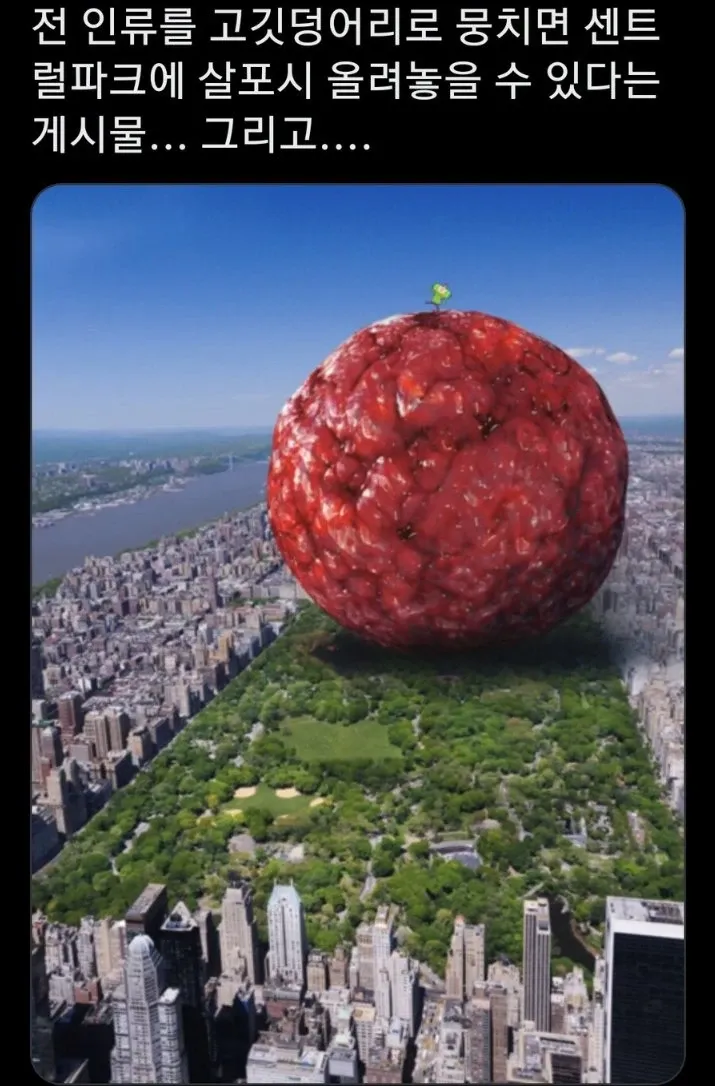 전 인류를 고깃덩어리로 뭉쳐 센트럴파크에 올려놓은 시각화 이미지