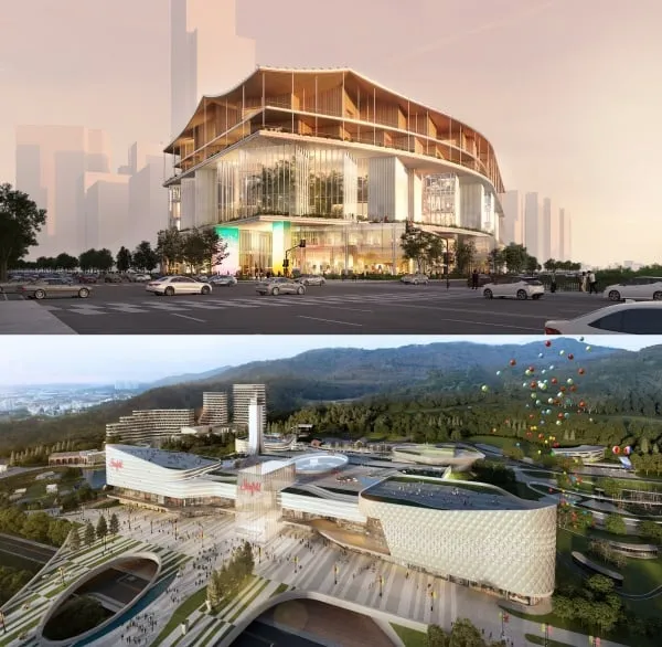 광주 복합쇼핑몰 건설 현장의 철골 구조물과 크레인이 보이는 공사 진행 모습