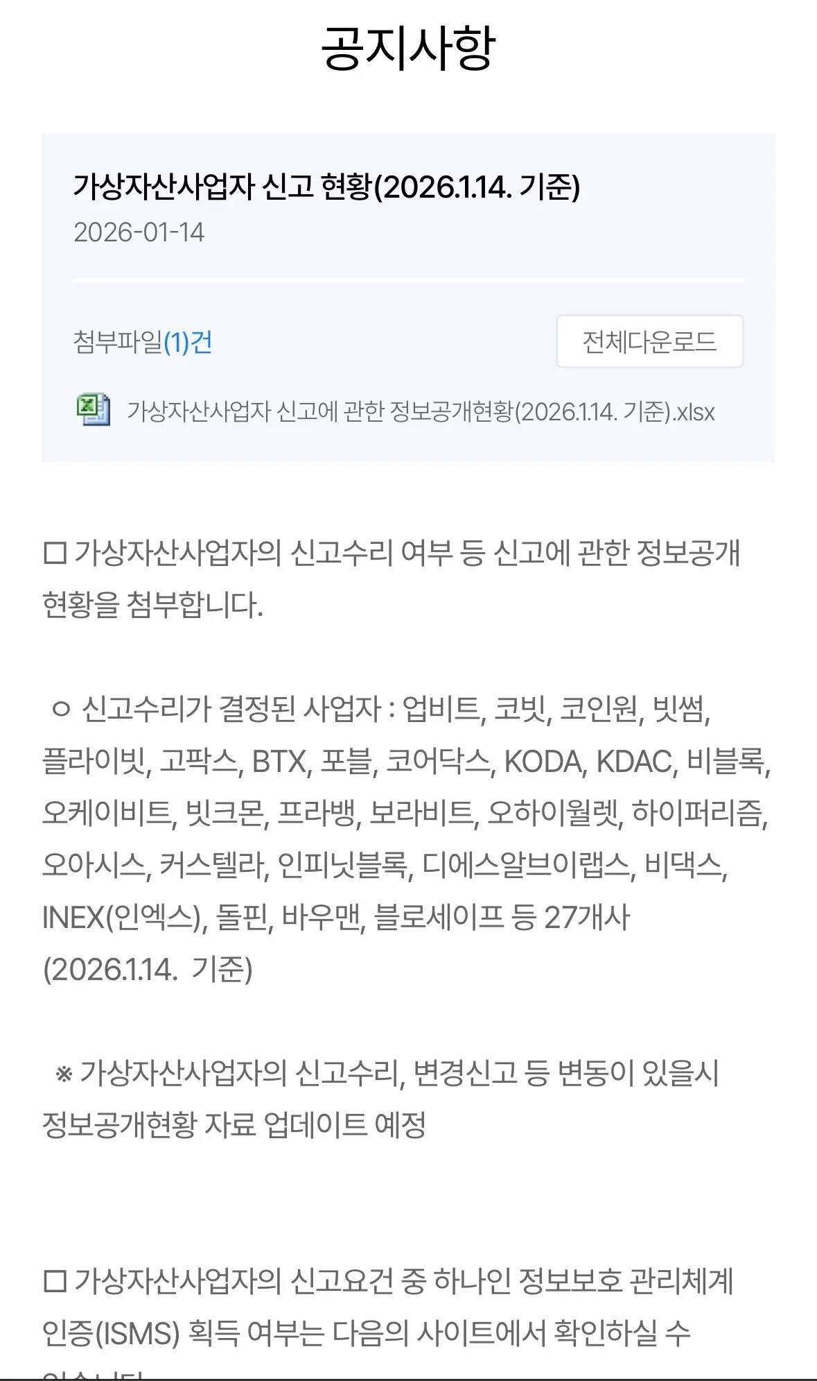 금융정보분석원 가상자산사업자 신고 현황 공지사항 캡처 화면