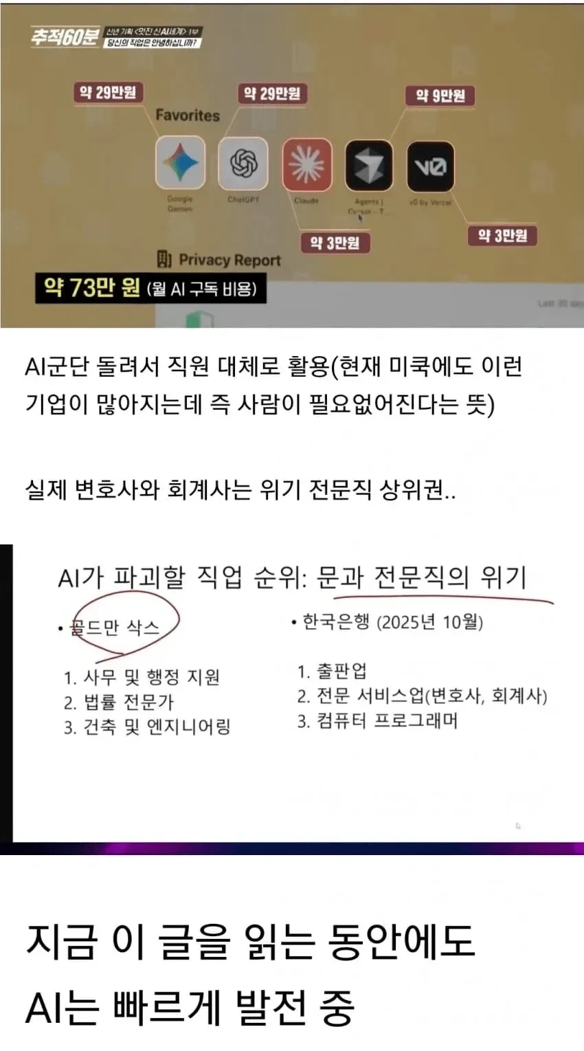AI가 대체할 직업 순위와 월 73만원 AI 구독 비용을 보여주는 뉴스 방송 화면