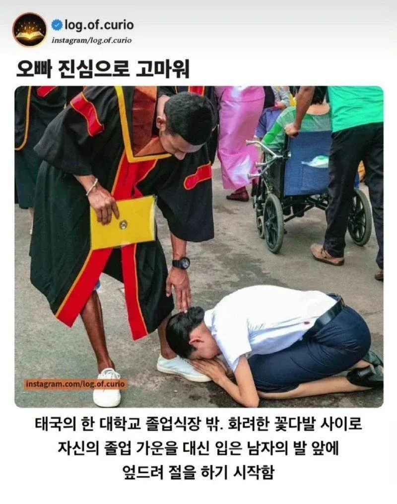 졸업식장에서 오빠의 발 앞에 엎드려 절하는 여동생