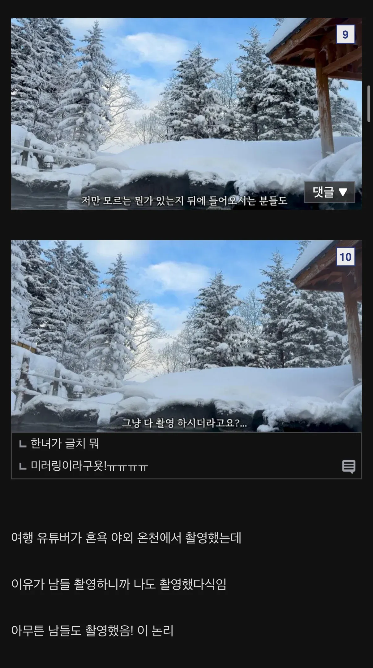 혼욕 온천 촬영 논란에 대한 온라인 커뮤니티 댓글 캡처