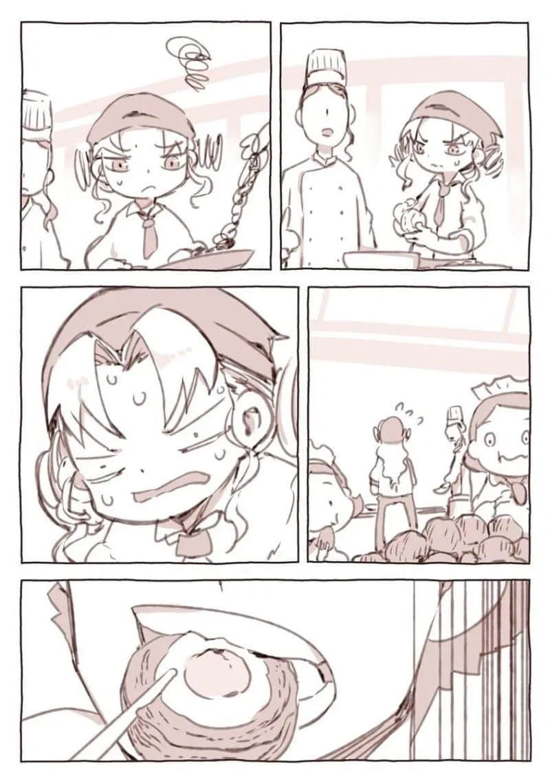 금발 머리 여성 캐릭터가 음식을 먹으며 행복한 표정을 짓는 만화 장면