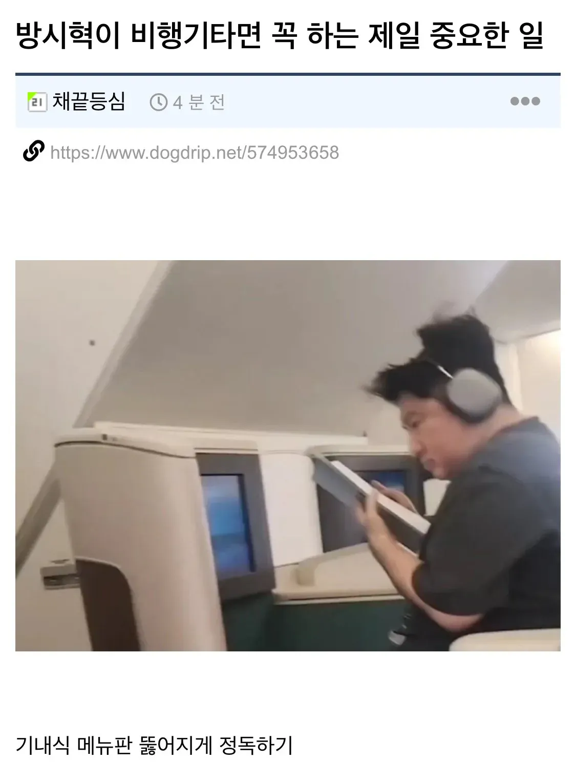 비행기 좌석에서 기내식 메뉴판을 집중해서 읽고 있는 남성의 몰래 촬영 사진