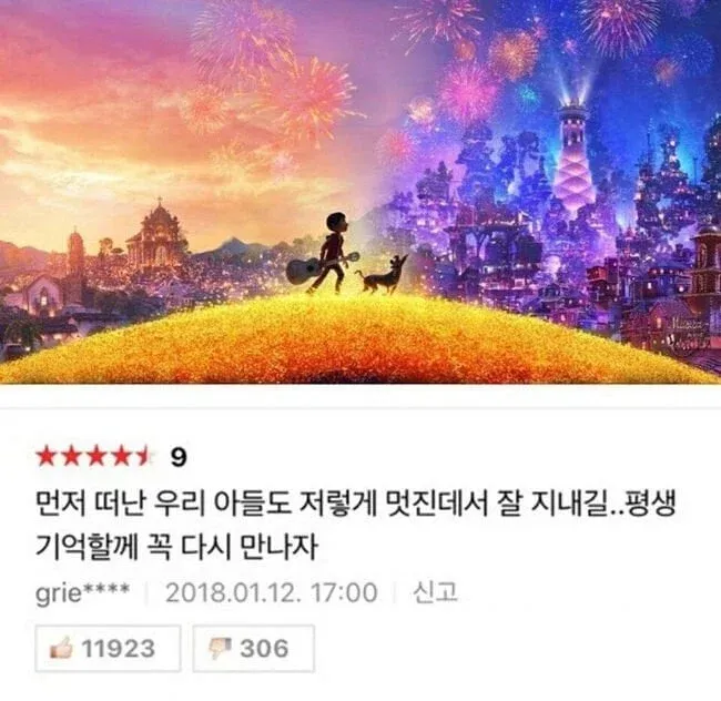 영화 한줄평 캡처: "먼저 떠난 우리 아들도 저렇게 멋진데서 잘 지내길" 별점 9점