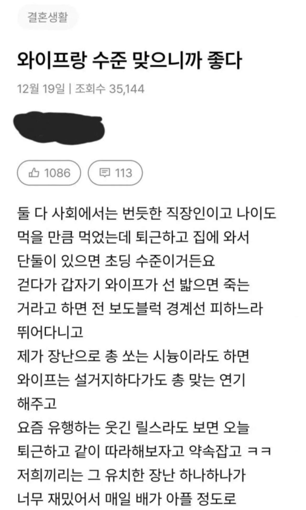 부부가 유치한 장난을 즐기며 행복해하는 일상을 담은 커뮤니티 글 캡처