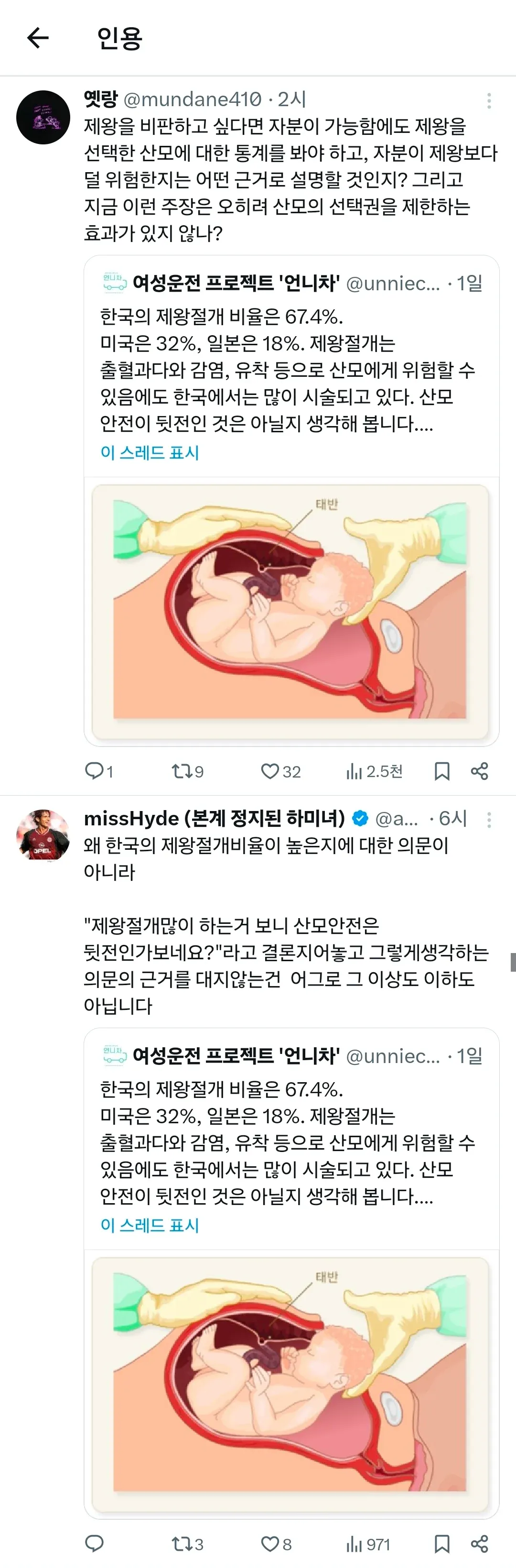 한국의 높은 제왕절개 비율이 산모 안전을 경시한다는 주장에 대한 반박 트윗 스레드