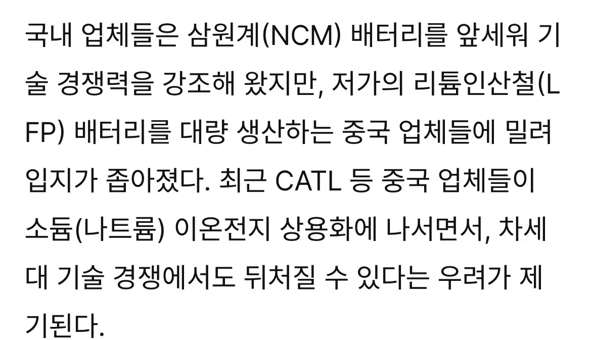 한국 배터리 업계의 중국 업체 대비 경쟁력 약화와 차세대 기술 경쟁 우려를 다룬 기사 본문