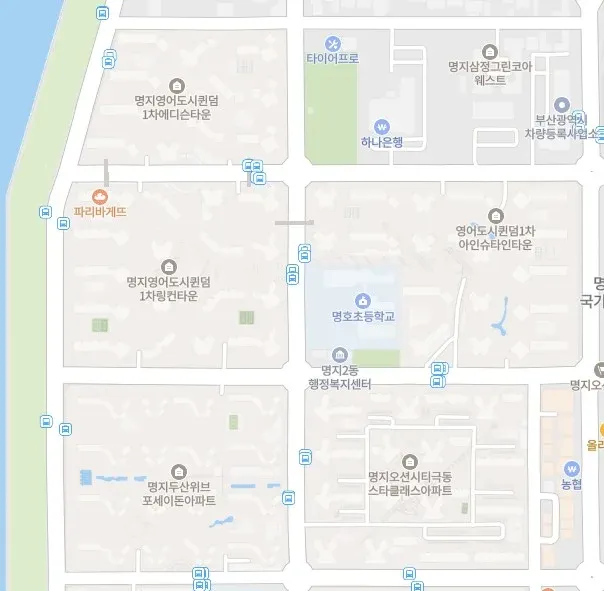 부산 명지동 아파트 단지와 주변 시설이 표시된 지도