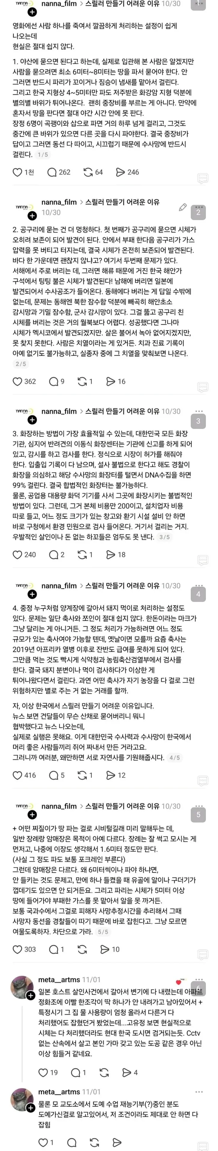 스릴러 영화와 달리 한국에서 시체 은닉이 어려운 이유를 설명하는 텍스트 게시물