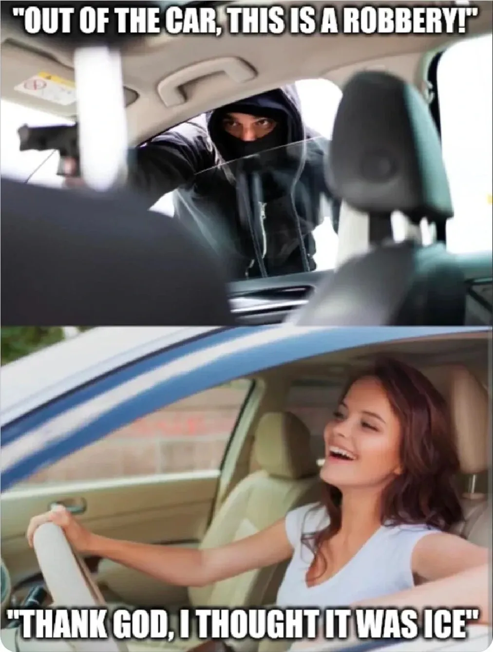 강도에게 안도하는 운전자, "ICE인 줄 알았다" 대사가 적힌 만화 밈