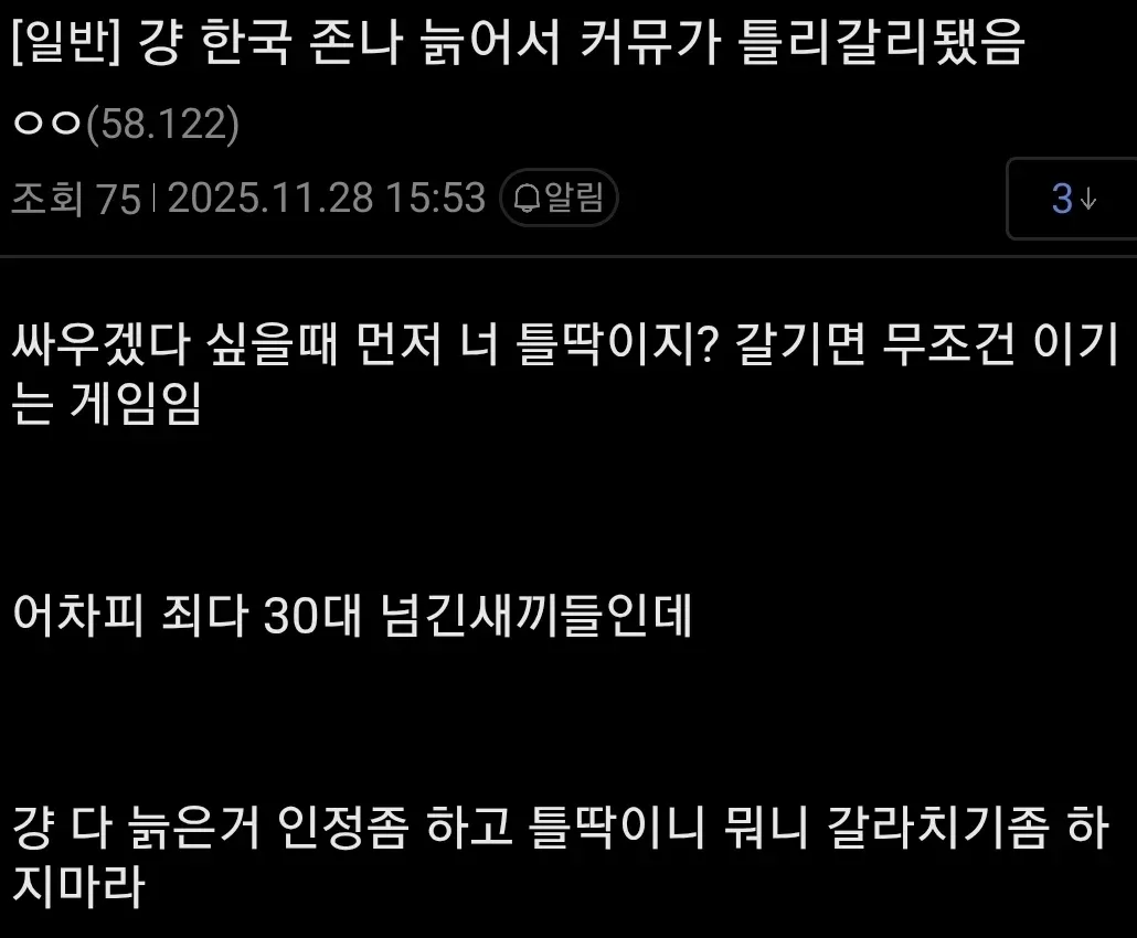 디시인사이드 게시글 캡처, 한국 커뮤니티 이용자들이 고령화되어 '틀딱' 공격이 통하지 않는다는 내용