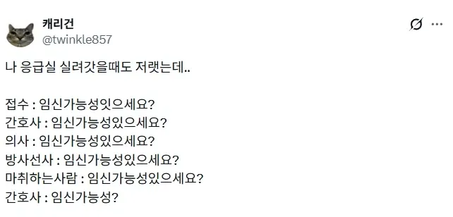 응급실에서 여러 의료진이 반복적으로 임신 가능성을 묻는 상황을 나열한 텍스트 게시물